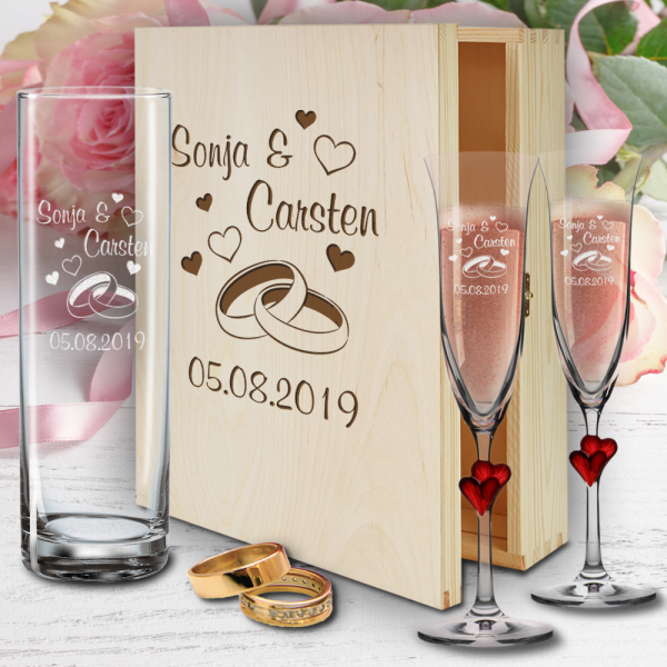 Geschenkbox zur Hochzeit mit Sektgläsern Herzen rot und Vase - Ringe