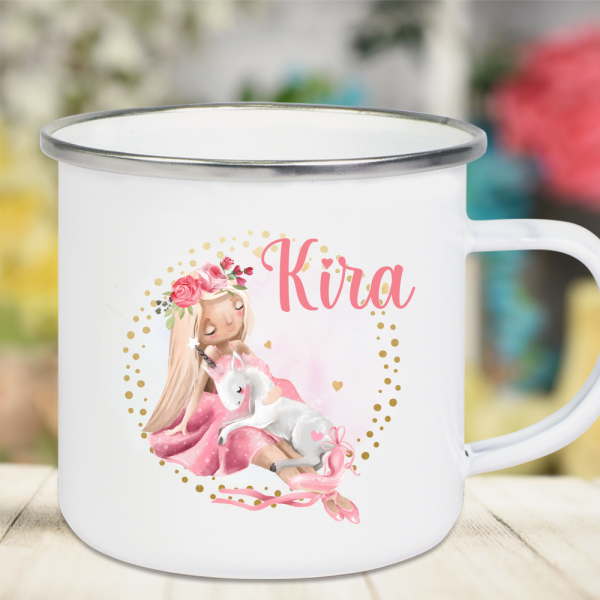 Emaille Tasse Kinder mit Deinem Namen -Prinzessin mit Einhorn