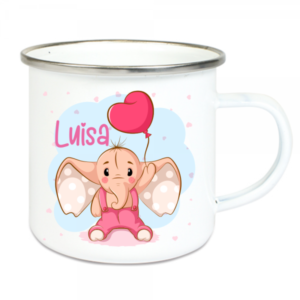 Emaille Tasse Kinder mit Deinem Namen -Elefant mit Herz-Luftballon