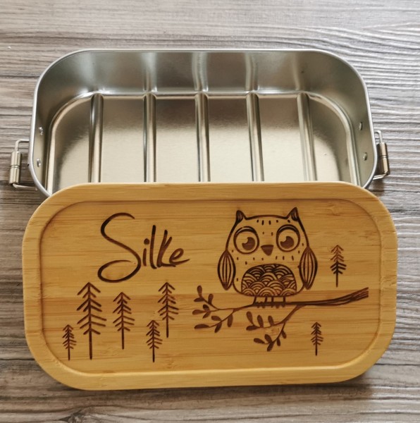 Kinder-Brotdose Lunchbox Metall mit Holzdeckel Eule