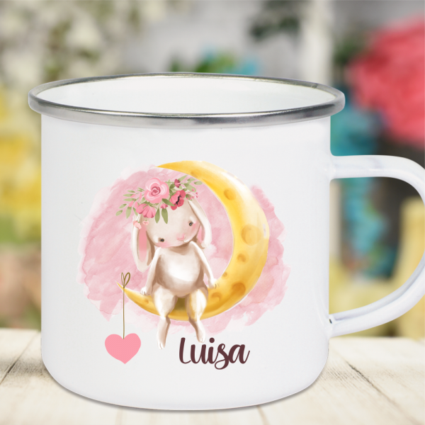 Emaille Tasse Kinder mit Deinem Namen -Hase auf dem Mond