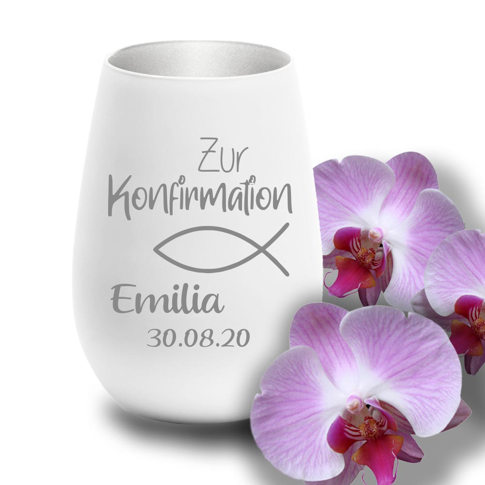 Windlicht mit Gravur weiss silber zur Konfirmation Fisch  - Onlineshop Trendgravur