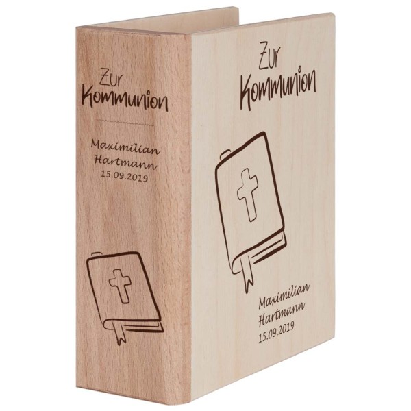 Spardose Holz zur Kommunion mit Namensgravur Gesangbuch