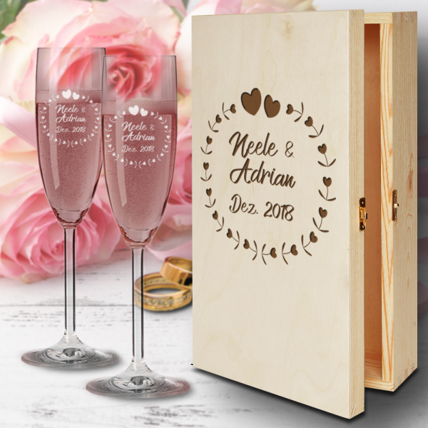 Zur Hochzeit Sektgläser mit Geschenkbox aus Holz - Herzkreis