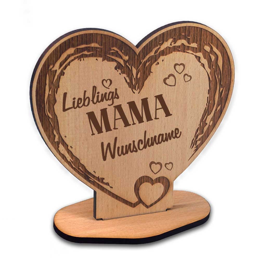 Holz Aufsteller in Herzform mit Gravur Lieblings Mama  - Onlineshop Trendgravur