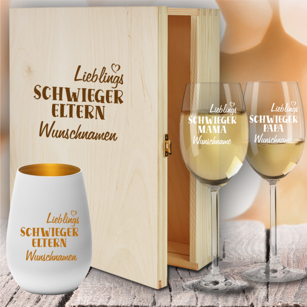 Geschenkbox Weißweingläser von Leonardo mit Windlicht für Deine Lieblings-Schwiegereltern