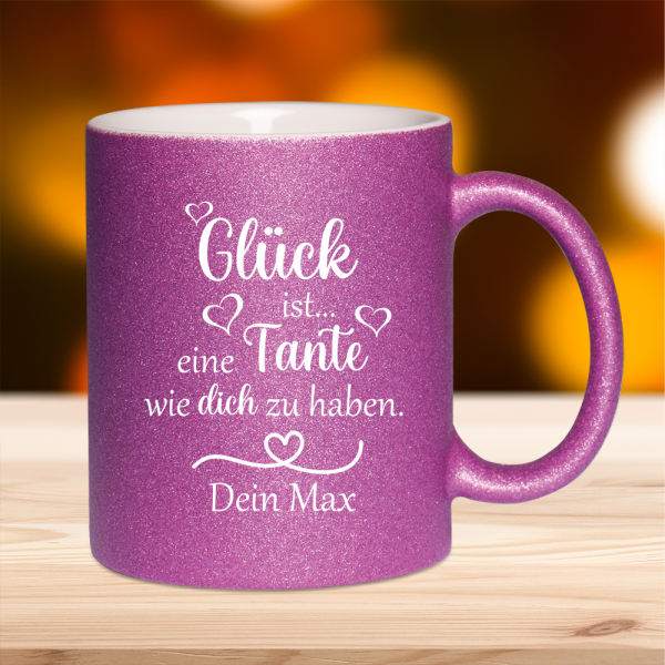 Personalisierte Tasse Glitzer Glück ist... eine Tante.... mit Wunschnamen - pink oder blau