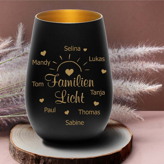 &quot;Familien Licht&quot; - Windlicht aus Glas mit deinen Wunschnamen