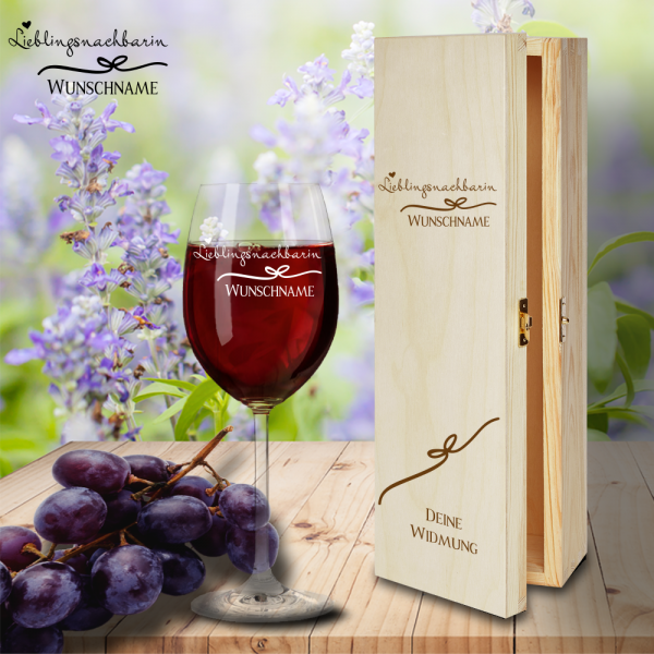 Geschenk Box und Rotweinglas von Leonardo Lieblingsnachbarin mit Namensgravur