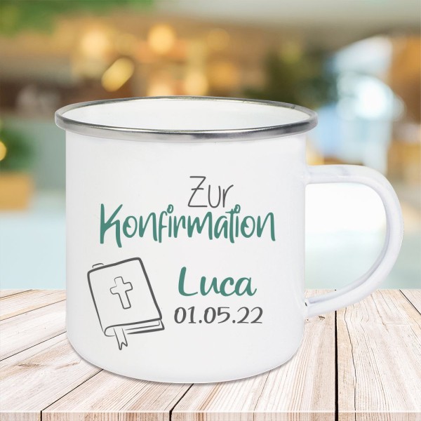 Emaille-Tasse zur Konfirmation mit Wunschnamen