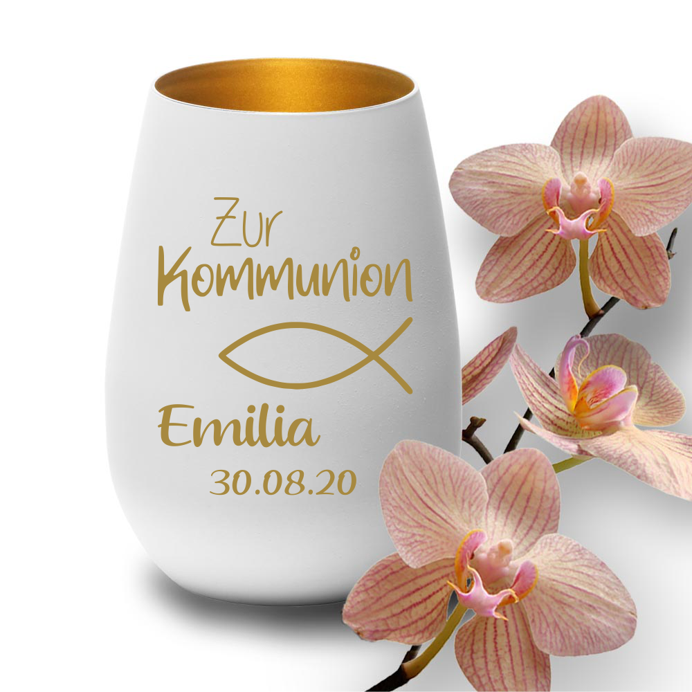 Windlicht mit Gravur weiss gold zur Kommunion Symbol Fisch  - Onlineshop Trendgravur