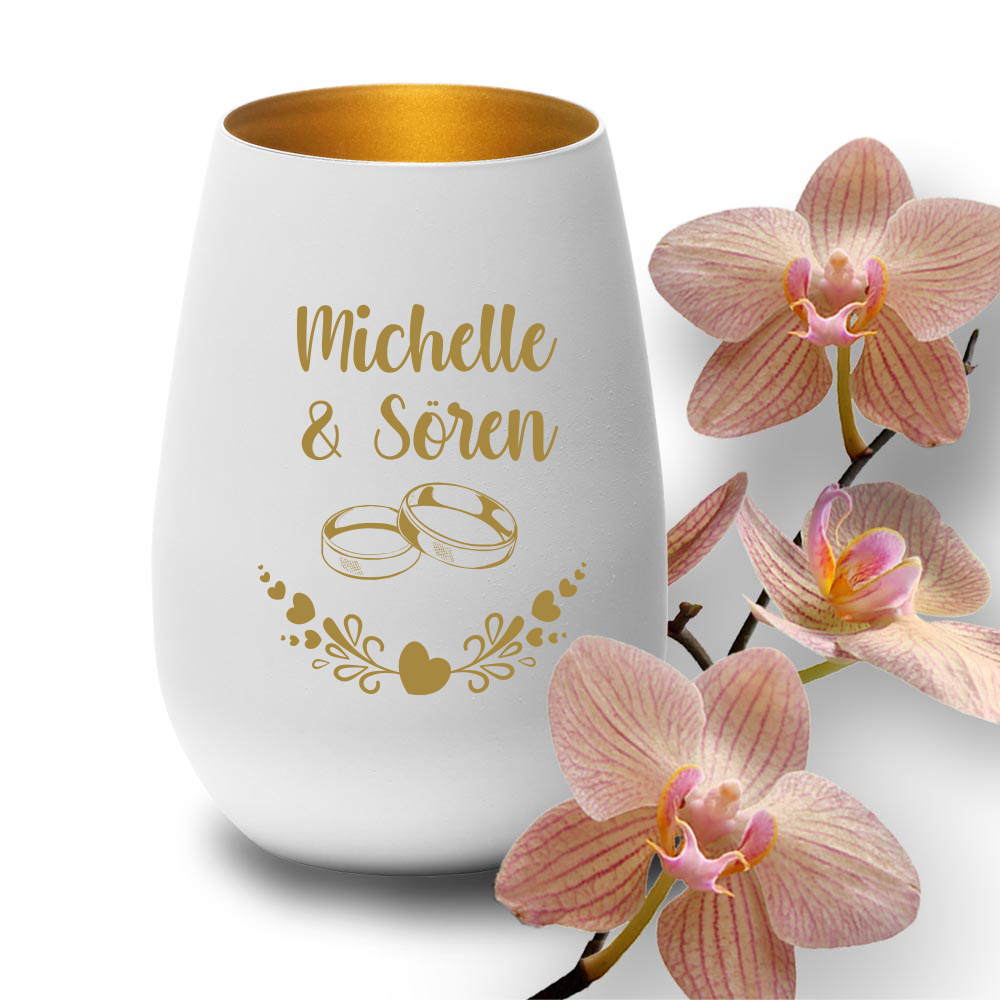 Windlicht mit Gravur zur Hochzeit Ringe 2 weiss gold  - Onlineshop Trendgravur