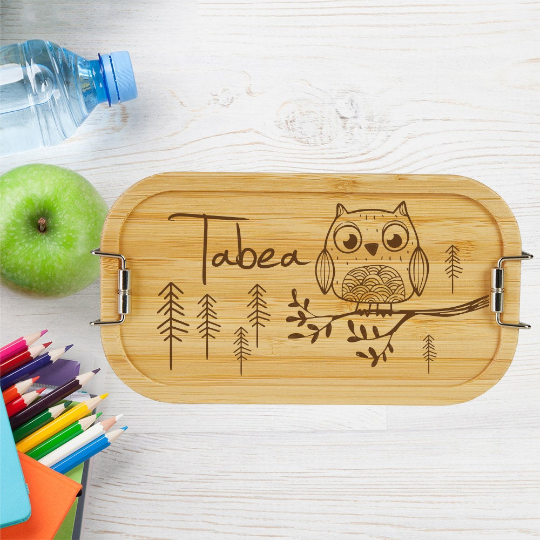 personalisierte Brotdose Kinder Lunchbox Metall mit Holzdeckel Eule