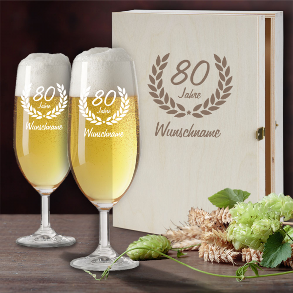 Bierglas Geschenkset mit schöner Holzkiste zum 80. Geburtstag 