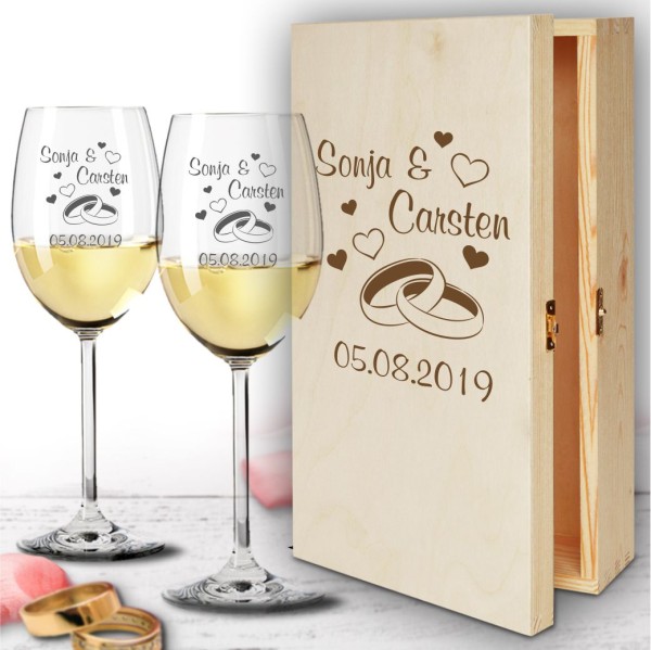 Weißweingläser zur Hochzeit in Holzbox Ringe mit Gravur 
