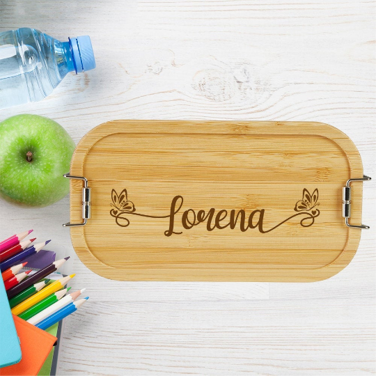 personalisierte Brotdose Kinder Lunchbox Metall mit Holzdeckel Namen Schmetterling