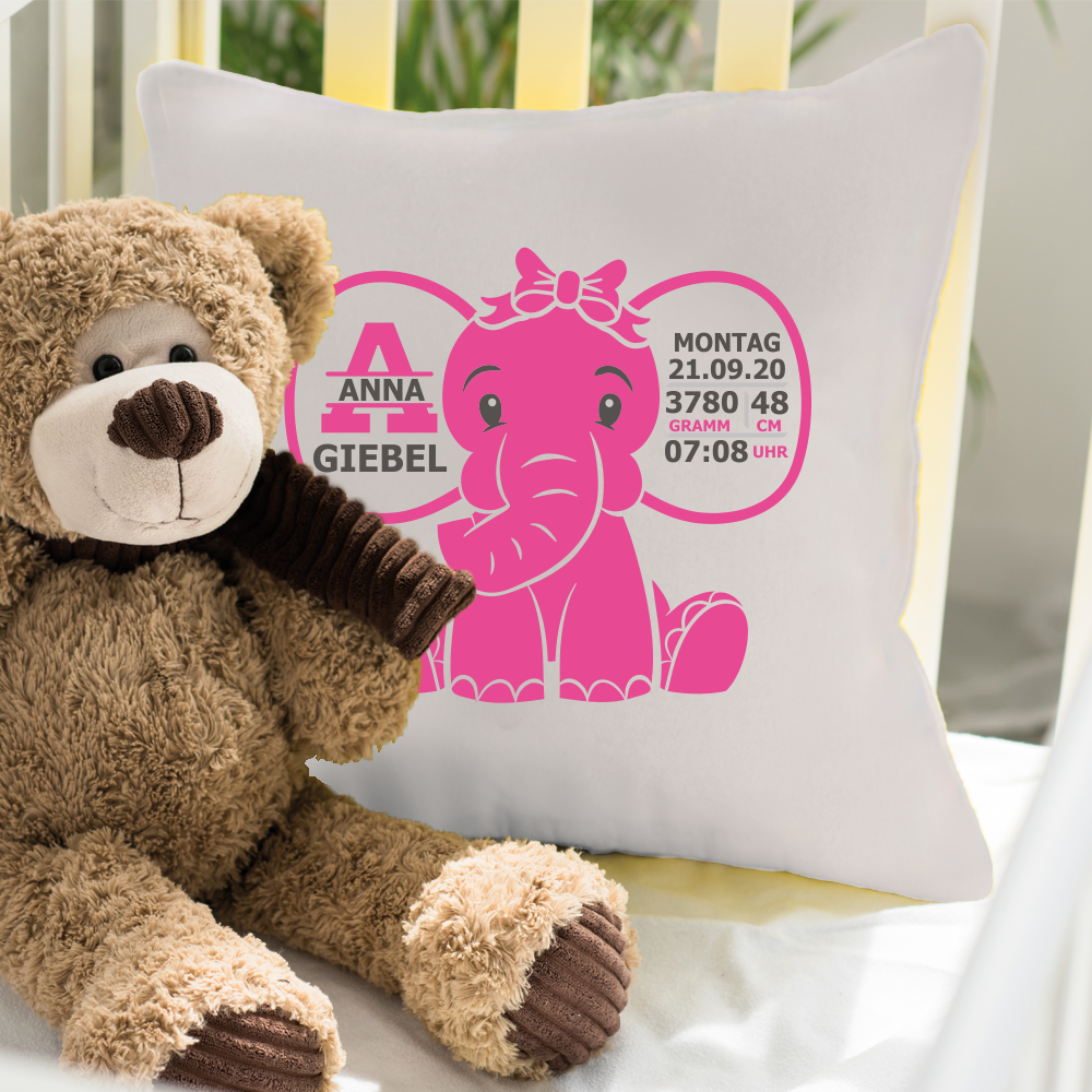 Schmuse Kissen zur Geburt für Mädchen Elefant  - Onlineshop Trendgravur
