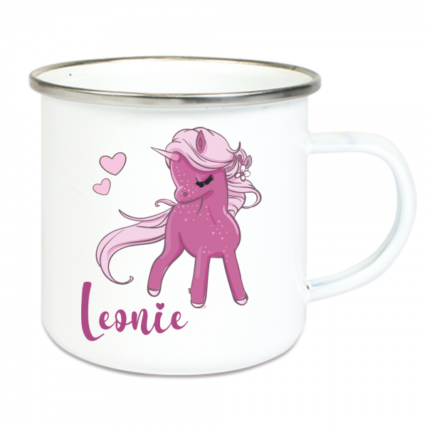 Emaille Tasse Kinder mit Deinem Namen - Einhorn