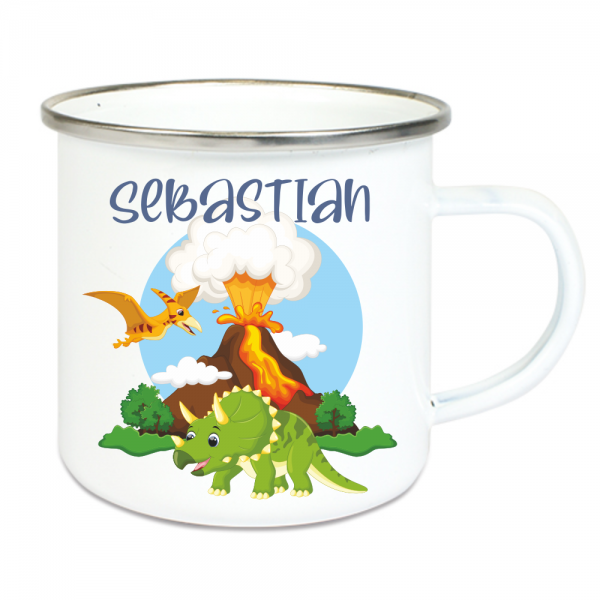 Emaille Tasse für Kinder mit Deinem Namen -Dinos