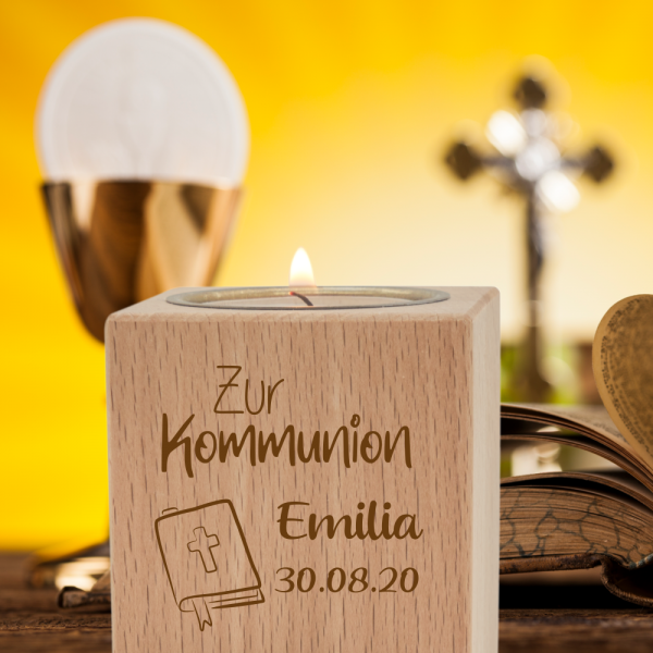 Teelichthalter mit Gravur klein- Kommunion Gesangbuch