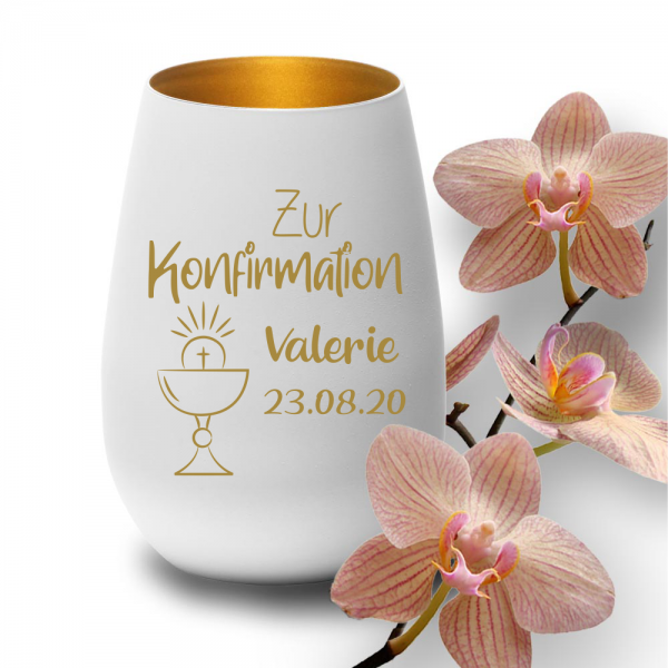 Windlicht zur Konfirmation mit Namen Kelch weiss-gold