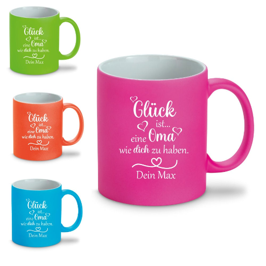 Neonfarbene Tasse Glück ist... eine Oma wie dich zu haben mit Wunschnamen