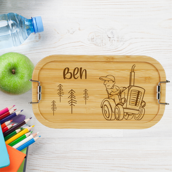 personalisierte Brotdose Kinder Lunchbox Metall mit Holzdeckel Traktor Farmer