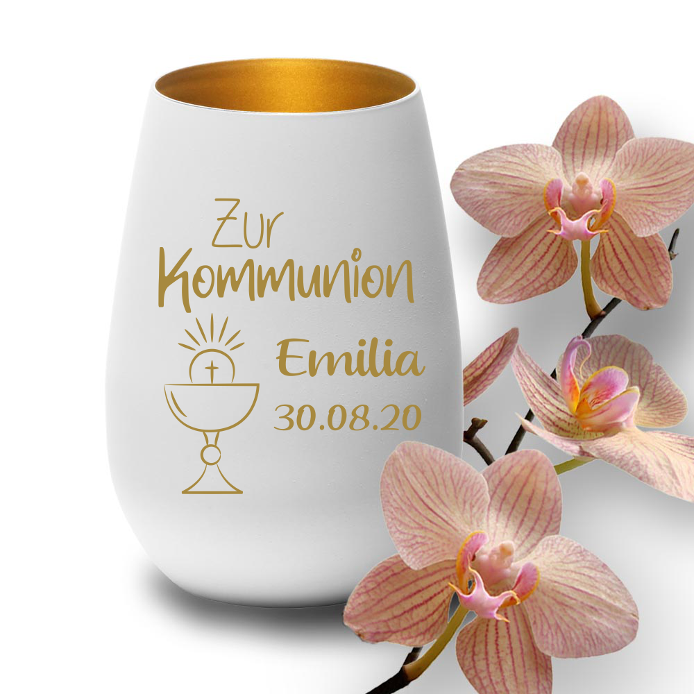 Windlicht mit Gravur weiss gold zur Kommunion Kelch  - Onlineshop Trendgravur
