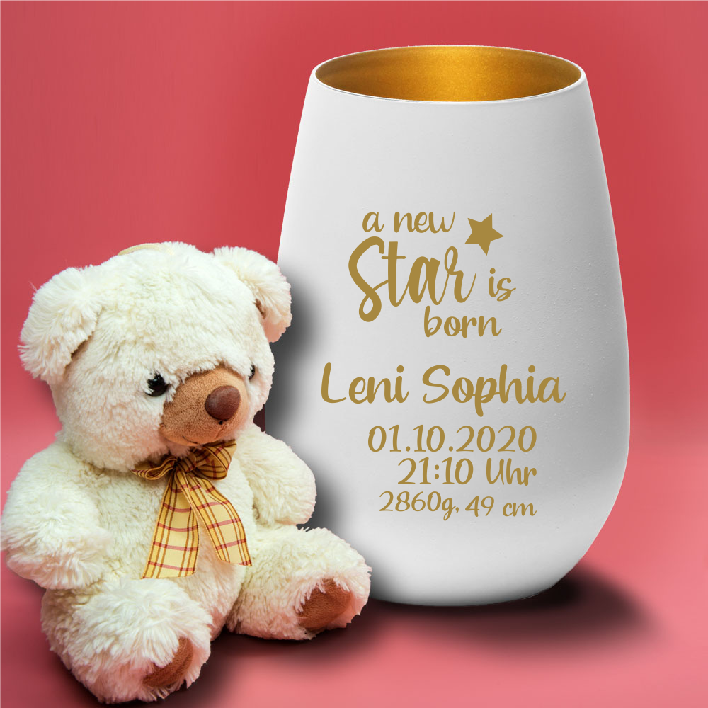 Personalisiertes Windlicht zur Geburt a new star is born  - Onlineshop Trendgravur