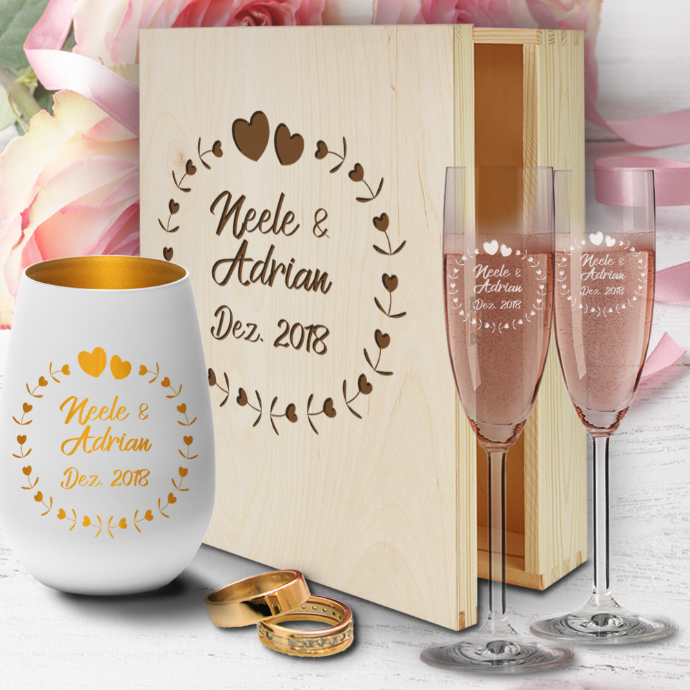 Sektgläser Hochzeit mit Windlicht in Geschenkkiste Herzkreis  - Onlineshop Trendgravur
