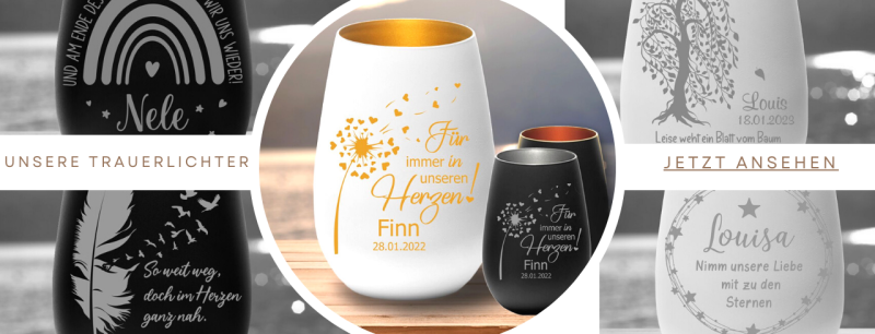 unsere Trauerlichter in verschiedenen Farben und Designs