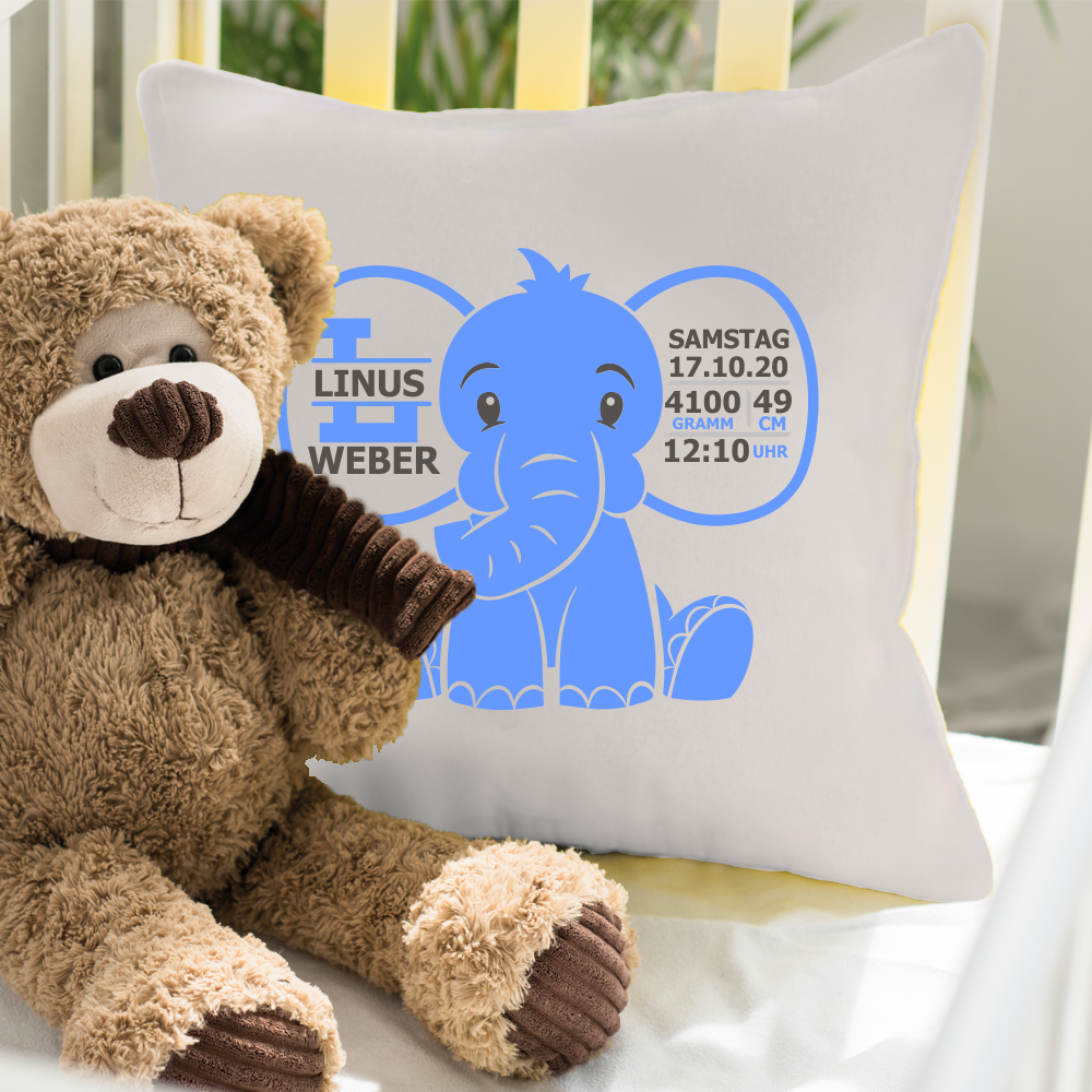 Schmuse Kissen zur Geburt für Jungen Elefant  - Onlineshop Trendgravur