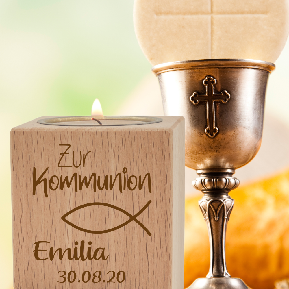 Teelichthalter mit Gravur klein Kommunion Fisch  - Onlineshop Trendgravur