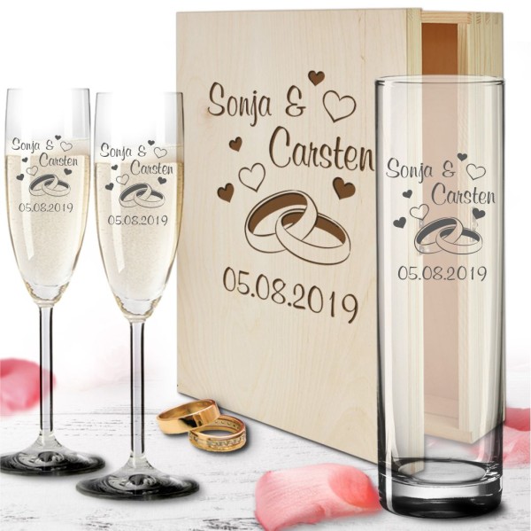 Geschenkbox zur Hochzeit mit Sektgläsern Herzen rot und Vase - Ringe-Copy