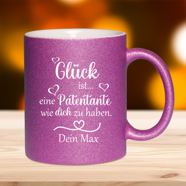 personalisierte Glitzertasse Glück ist... eine Patentante wie dich zu haben mit Wunschnamen