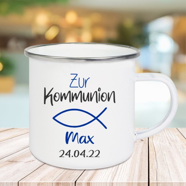 Emaille-Tasse mit Namen zur Kommunion -Fisch