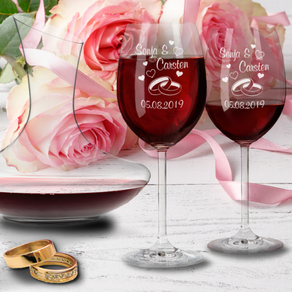 Personalisiertes Leonardo Geschenk-Set zur Hochzeit: Rotweingläser und Dekanter- Ringe