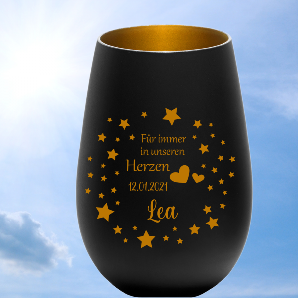 personalisiertes Windlicht Erinnerungslicht  - Für immer in schwarz-gold