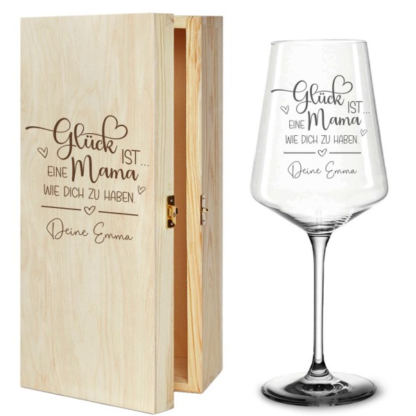 Weinglas optional mit Holzbox - Glück ist... eine Mama wie dich zu haben