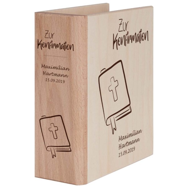 Geschenk zur Konfirmation - Sparbuch aus Holz mit Wunschnamen