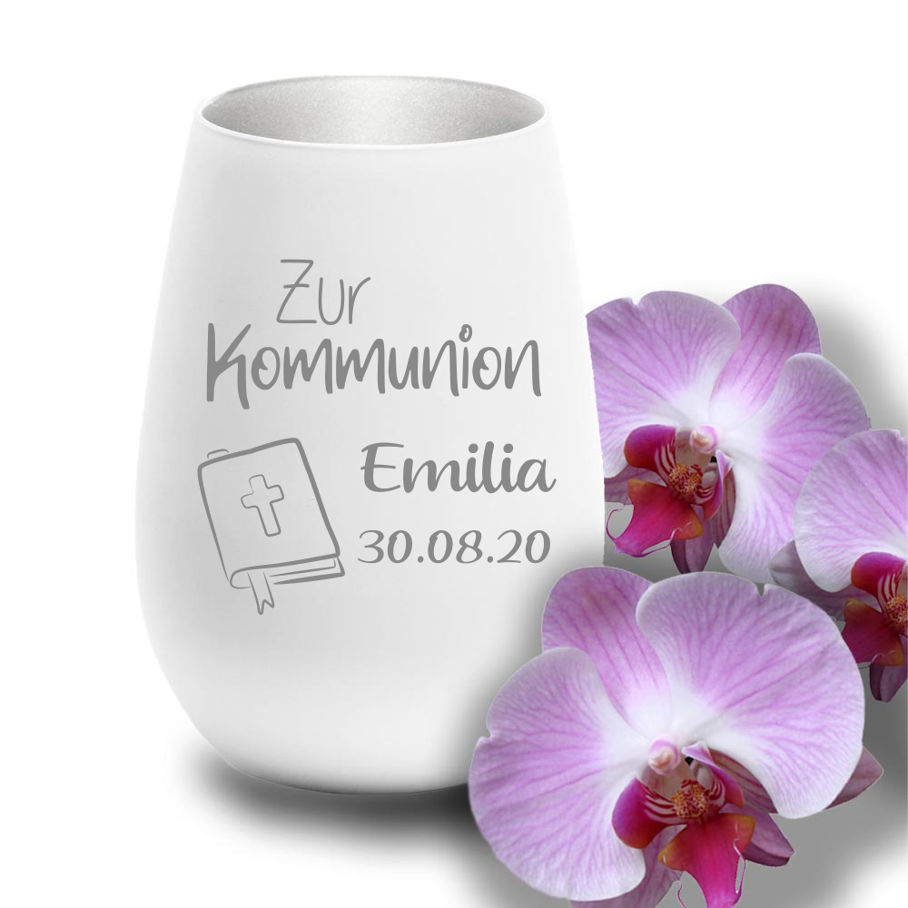 Windlicht mit Gravur weiss silber zur Kommunion Gesangbuch  - Onlineshop Trendgravur
