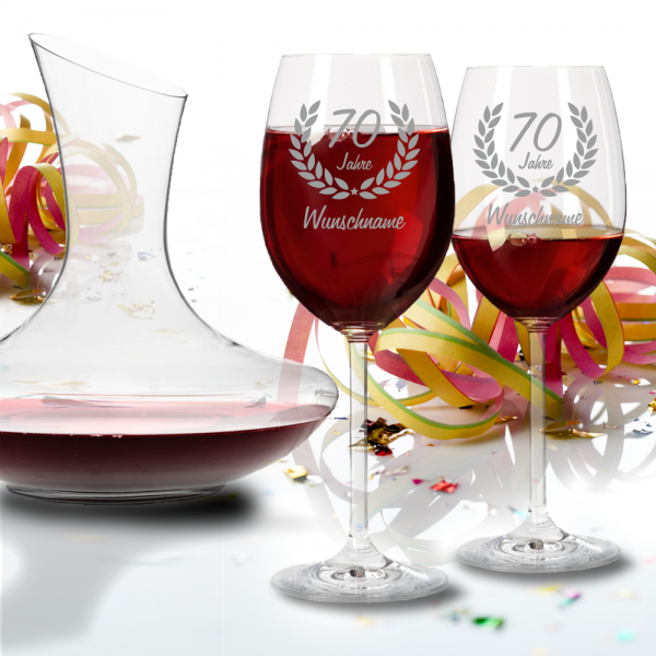 Personalisiertes Geschenk-Set Leonardo Rotwein mit Dekanter zum 70. Geburtstag