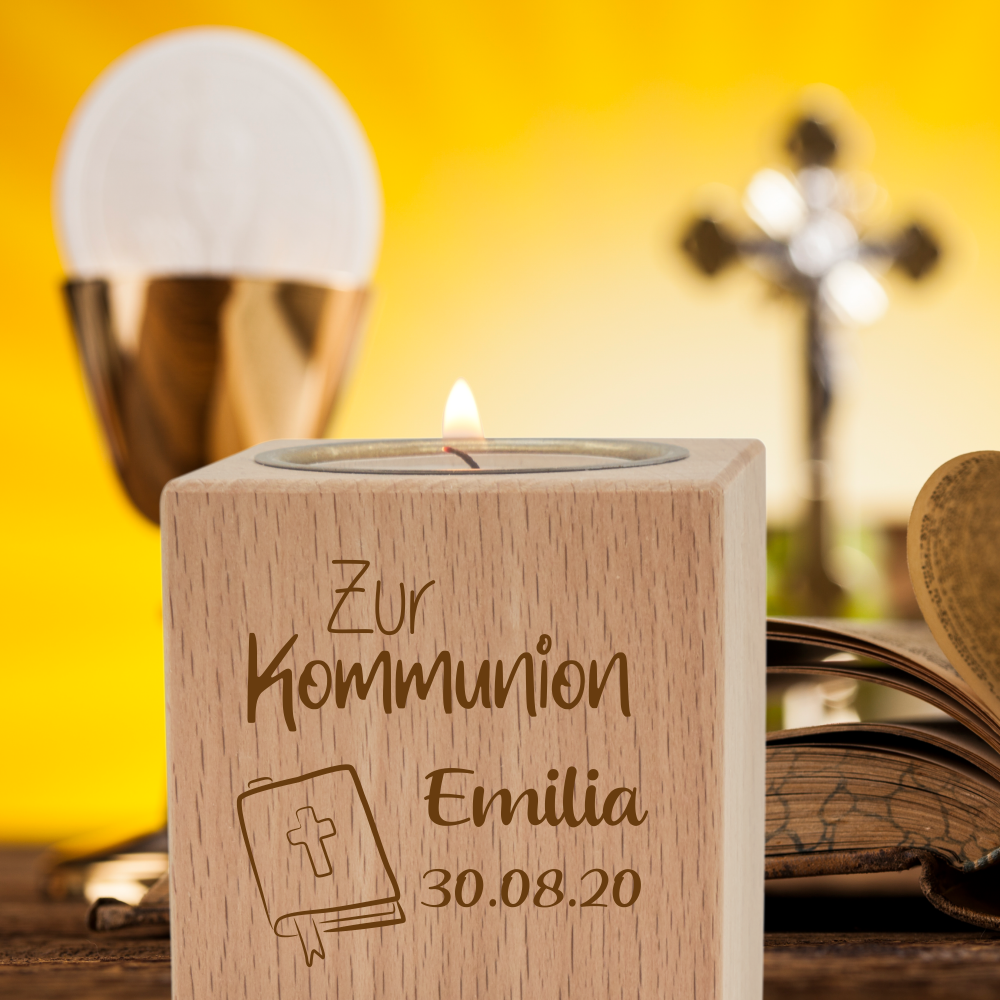 Teelichthalter mit Gravur klein Kommunion Gesangbuch  - Onlineshop Trendgravur
