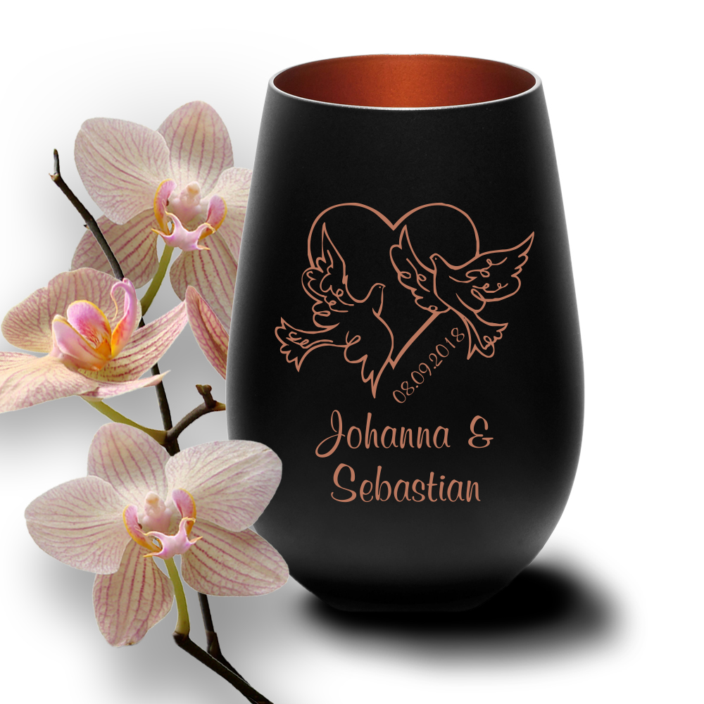 Windlicht mit Gravur Tauben schwarz bronze zur Hochzeit  - Onlineshop Trendgravur