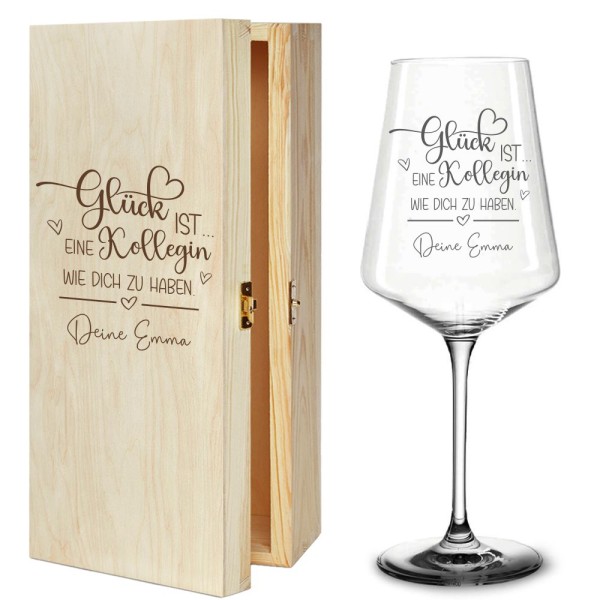 Weinglas optional mit Holzbox - Glück ist... eine Kollegin wie dich zu haben mit Wunschnamen-Copy
