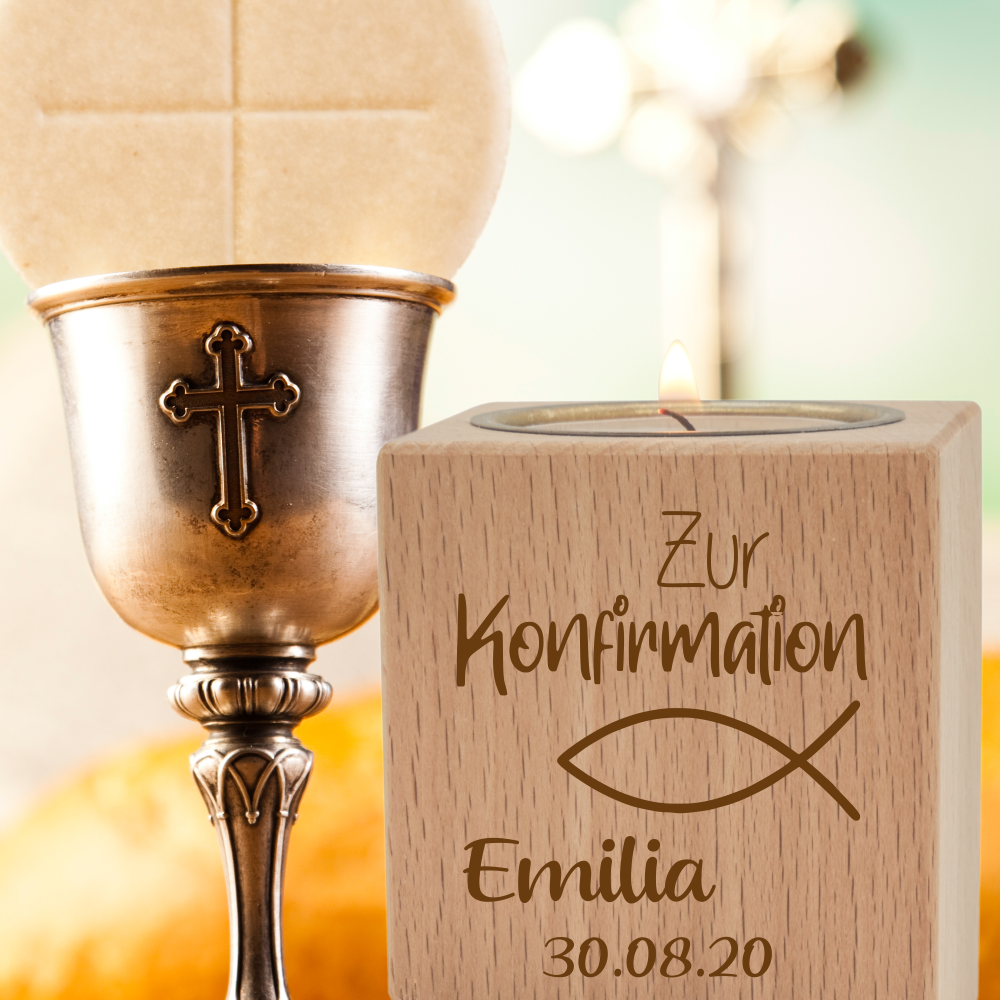 Teelichthalter mit Gravur klein Konfirmation Fisch  - Onlineshop Trendgravur