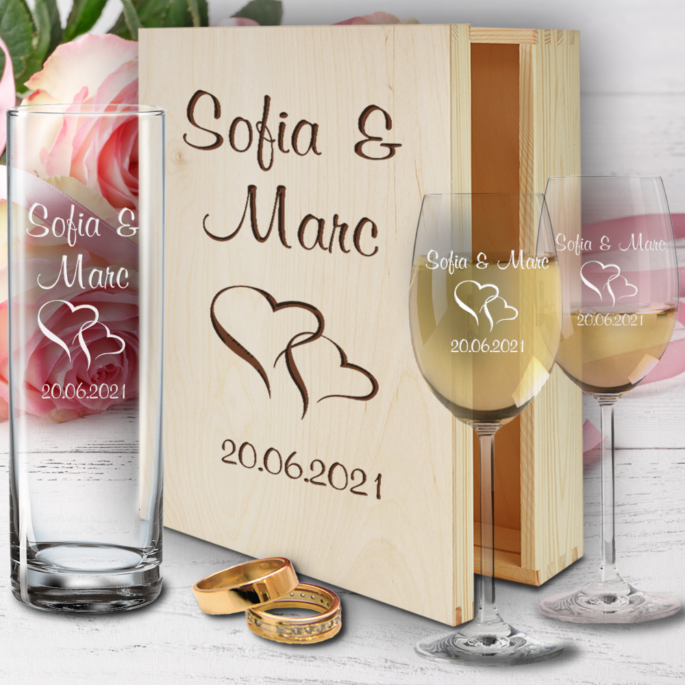 Weingläser in Holzkiste zur Hochzeit Vase Herzen  - Onlineshop Trendgravur