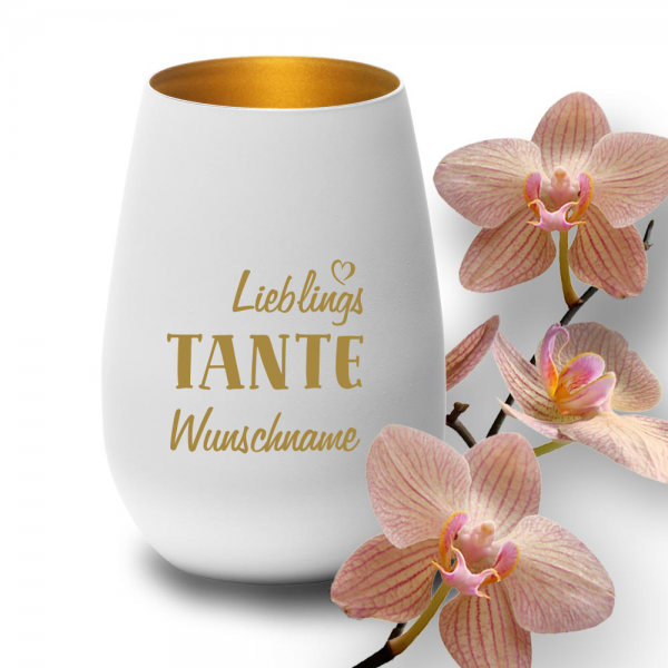 Deko-Windlicht &quot;Lieblings-Tante&quot; mit Wunschnamen in weiss-gold