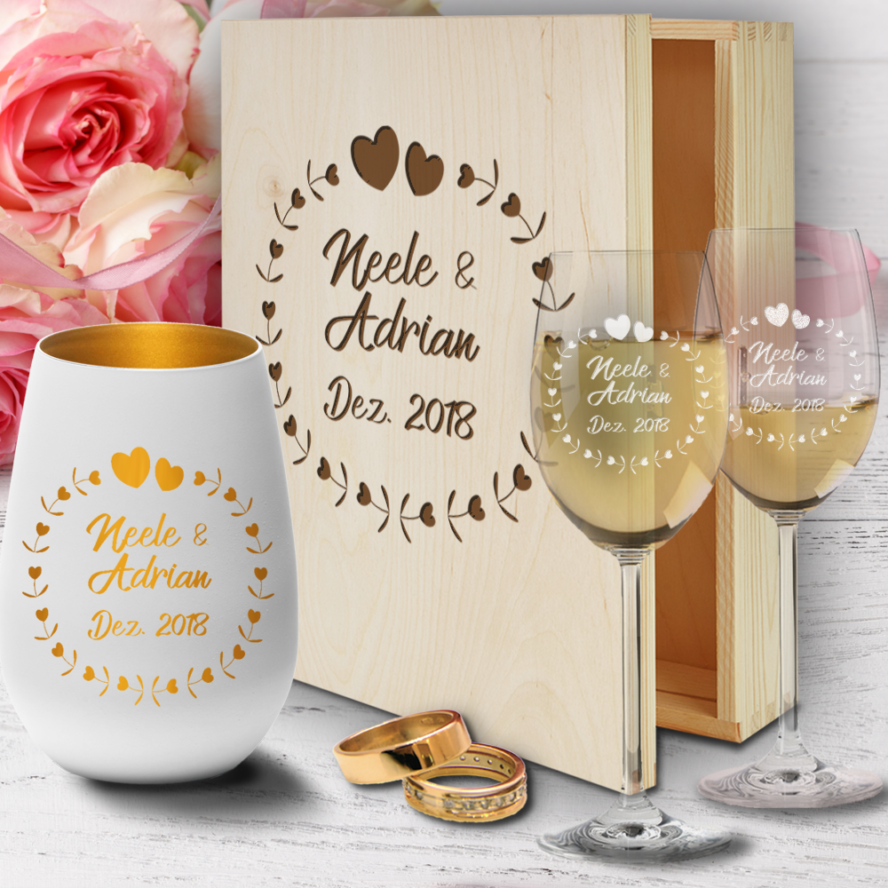 Geschenkbox aus Holz zur Hochzeit mit Weißweingläsern und...  - Onlineshop Trendgravur