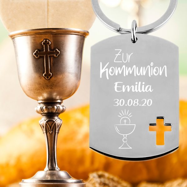 Edelstahl Schlüsselanhänger mit Gravur Dog-Tag zur Erstkommunion Kelch